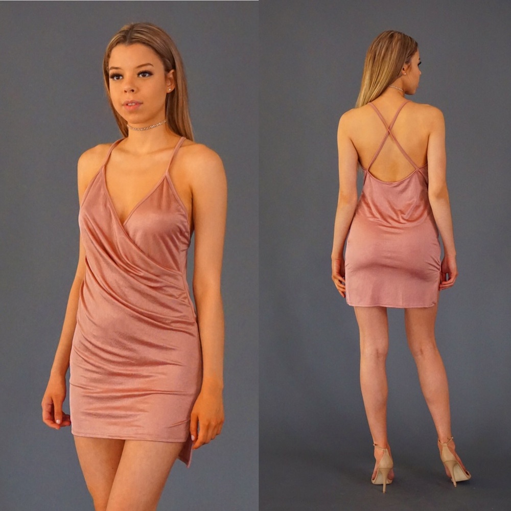 Rosy silky criss-cross mini dress